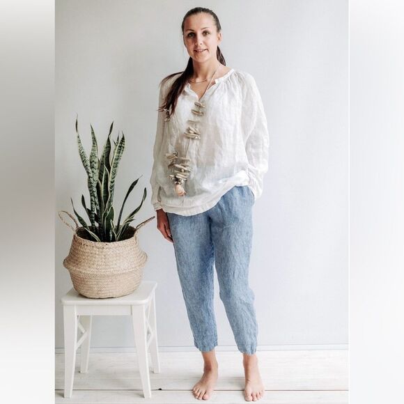 MagicLinen Tapered Leg Button Fly Linen Pants in Blue Melange S NWOT - Picture 1 of 12